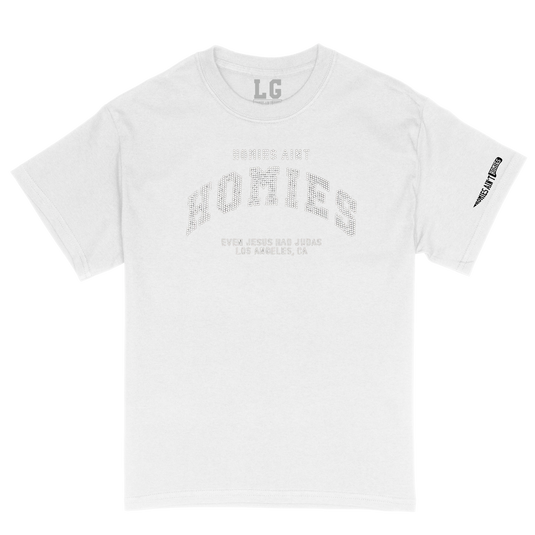 Homies Ain't Homies Text Logo Rhinestone (White) Short Sleeve