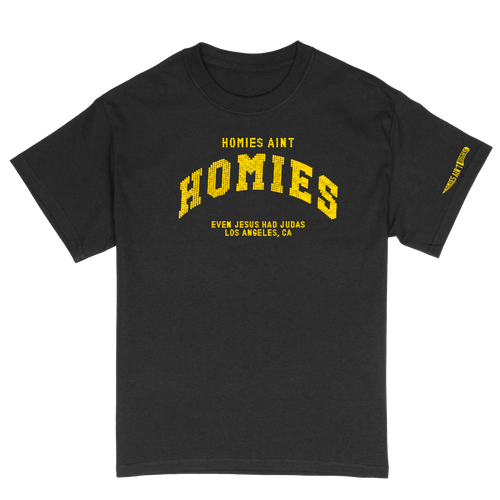 Homies Ain't Homies Text Logo Yellow Rhinestone Short Sleeve