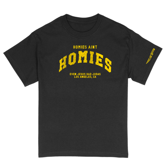 Homies Ain't Homies Text Logo Yellow Rhinestone Short Sleeve