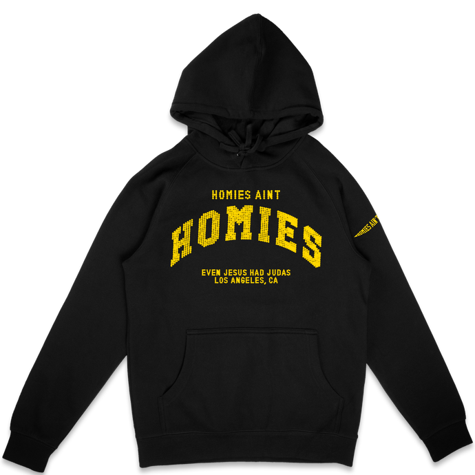 Homies Ain't Homies Text Logo Yellow Rhinestone Pullover Hoodie